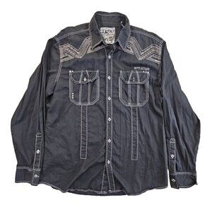 Roar Buckle Affliction Button Down Shirt Black Embroidered X-Large Flap Pockets